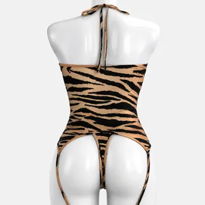 Sexueller Halter-Body mit Tigerprint, rückenfreiem Design und Schnürung für Damen