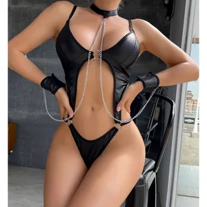 Sexy black patent leather bodysuit with metal chains, neck collar and handcuffs set