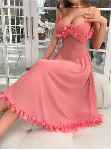 Detail of pink mesh sleepwear with romantic 3D petal ruffles and slim waist design