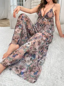 Close-up of sheer mesh floral lingerie set with V-neck camisole and wide-leg trousers