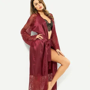 Femmes Sexy Satin Dentelle Patchwork Peignoir Long Vêtements de Nuit Avec Ceinture Brillant Chemise de Nuit Style Soie Lingerie Homewear