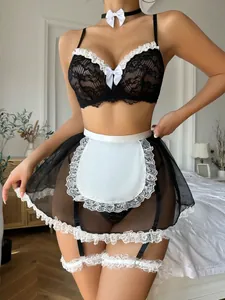 Detailed look at sexy black lace maid lingerie set with white bow and apron accents