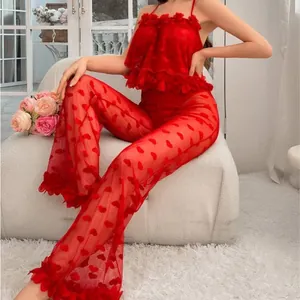 Women Sexy Red Heart Pattern Mesh Sheer Top And Bottom Set With Petal Lace Trim Valentine's Day Lingerie Sleepwear