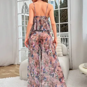 Floral mesh sheer lingerie set with ruffled camisole and wide leg pants back view