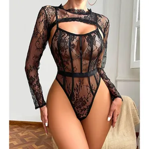 Sultry black lace bodysuit with matching sheer shawl two-piece set for women