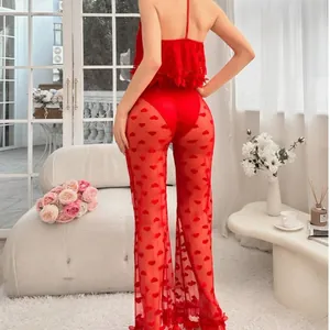 Sexy red mesh lingerie set with velvet hearts featuring a camisole top and flared pants