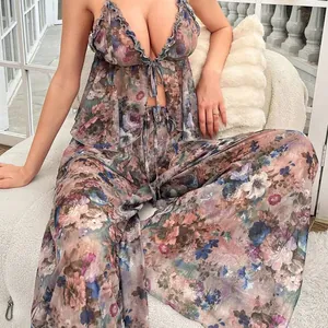 Vintage floral mesh sleepwear set with ruffled camisole and wide-leg trousers