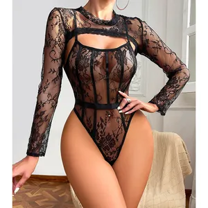 Sexy black lace bodysuit with sheer mesh and matching long sleeve lace shrug for women