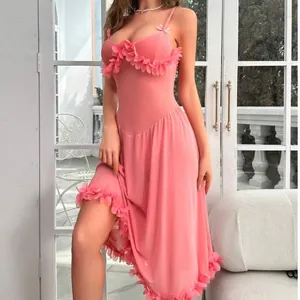 Pink sheer mesh camisole dress with 3D floral petal trim on neckline and hem