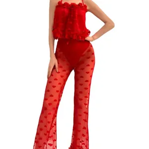 Red sheer heart mesh two-piece set with halter ruffled top and flared sheer pants