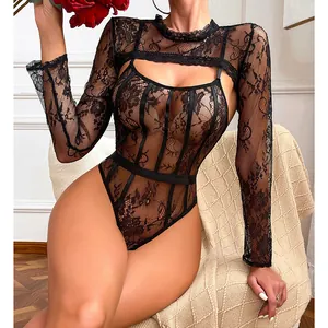 Close-up of black floral lace teddy lingerie set with long sleeve sheer shrug detail