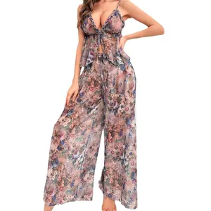 Floral sheer mesh sleepwear set with deep V-neck ruffle top and wide leg pants