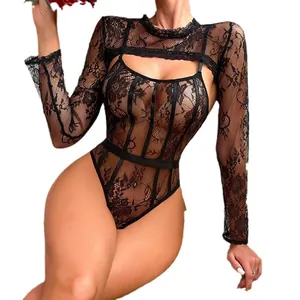 Sexy black lace bodysuit set with high neck long sleeve mesh cover-up for women