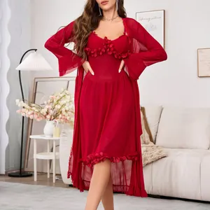 Lingerie Sexy en Maille Rouge Transparente pour Femmes Peignoir de Nuit avec Manches Évasées et Décoration de Fleurs 3D Col en V Top And Bottom