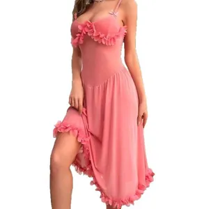Nuisette rose en résille avec volants de fleurs 3D et détails de rubans pour femmes