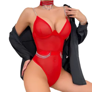 Red mesh lingerie bodysuit with silver chain straps and waist decorative chains