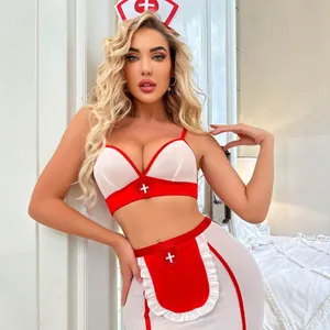 Three-piece sexy nurse cosplay lingerie set with red heart crop top and ruffled skirt