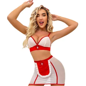 Nurse roleplay lingerie set in red and white mesh fabric with heart cross detailing