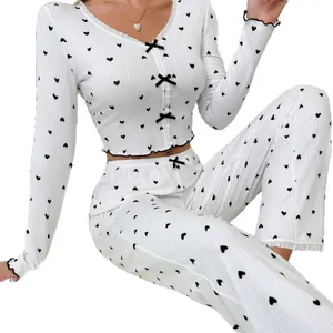 Damen Schlafanzug-Set mit Herz-Print, V-Ausschnitt Langarmshirt und langer Hose