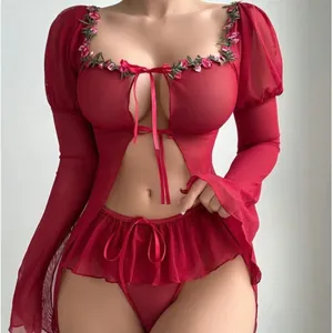 Ensemble Lingerie Sexy Femme Mesh Rouge Transparent Top And Bottom Manches Longues Avec Broderie Florale et Nœuds