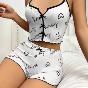 Women Sweet Heart Print Ribbed Pajama Top And Shorts Two Piece Lounge Clothes With Bows And Lettuce Edge Decorative Detail