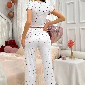 Ensemble de pyjama pour femme avec imprimé cœur, crop top court et pantalon en maille
