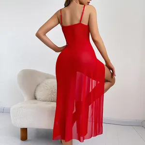 Detail of red sheer mesh lingerie dress featuring a high side slit and delicate straps