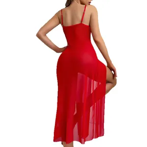 Red sheer mesh backless nightgown with high slit design and delicate lace trim