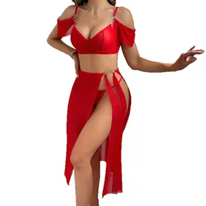 Three-piece sexy red mesh lingerie set with side-slit sheer skirt and metal ring detail