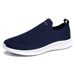 Men's navy blue breathable flyknit slip-on walking shoes with lightweight white sole