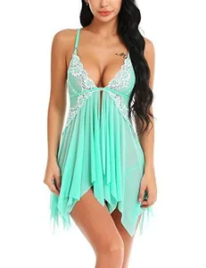 Detailed view of mint green lace trim and semi-transparent mesh lingerie dress