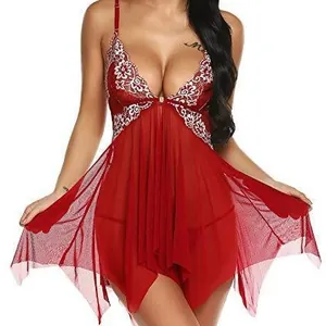 Sexy red lace mesh babydoll dress with deep V-neck and white floral embroidery details