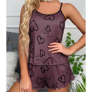 Women's 2-piece purple camisole and shorts pajama set with heart and letter prints