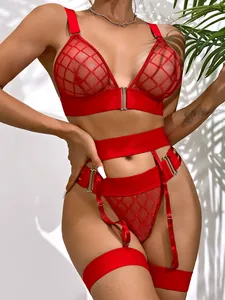 Détail d'un ensemble de lingerie en résille rouge avec broderie et bandes de satin