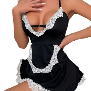 Sexy black maid lingerie set with white lace trim and plunging V-neck for roleplay