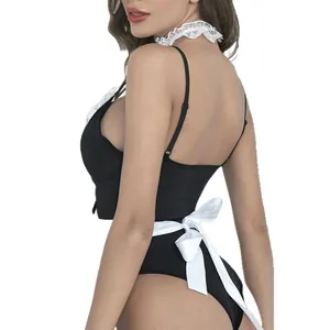 Sexy black and white maid lingerie set with lace choker and side-tie lace-up panties
