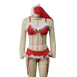 Three-piece festive Christmas lingerie set with red satin bra, garter panty and hat