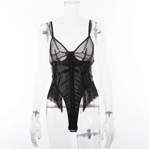 Detail of black faux leather bodysuit with sheer mesh panels and long side fringes