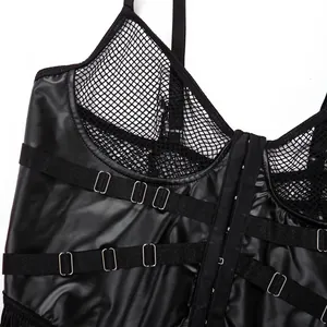 Detail of black faux leather and mesh bodysuit with hook-and-eye closure and metallic buckles