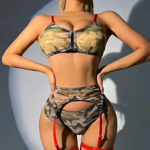 Set lingerie sexy 3 pezzi mimetico da donna con spalline rosse e dettagli in rete