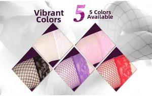 Lace trim fishnet stockings shown in five colors: white, pink, black, purple, and red