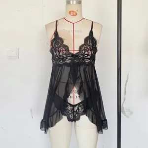 Sexy black lace mesh lingerie set with V-neck babydoll dress and matching panty
