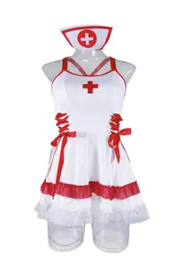 Detail of nurse costume with red cross symbol, lace hem, and waist ribbon ties