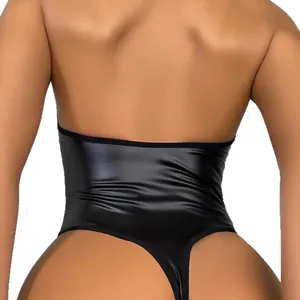 Sexy black faux leather bodysuit featuring a backless design and high-cut glossy finish
