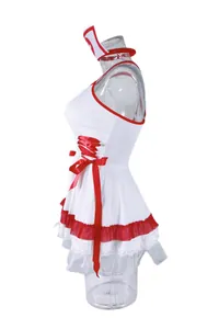 Detail of nurse cosplay outfit with red ribbon lacing and layered lace hemline