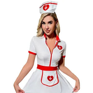 Panoplie sexy infirmière cosplay avec robe blanche zippée, ceinture rouge et chapeau assorti
