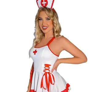 Nurse roleplay costume set with halter mini dress and headpiece for Halloween