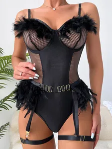 Close-up of black mesh lingerie featuring luxury faux feathers and gold buckle details