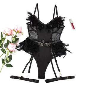 Flat lay of black mesh bodysuit featuring faux feather trim and adjustable garter straps