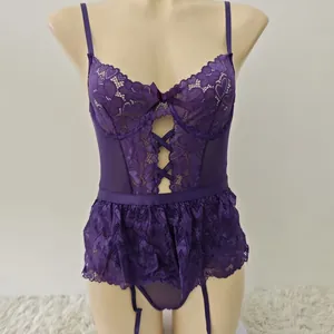 Sexy Body en Dentelle et Filet pour Femmes Top And Bottom Floral Ajouré Sous-Vêtements Avec Porte-Jarretelles
